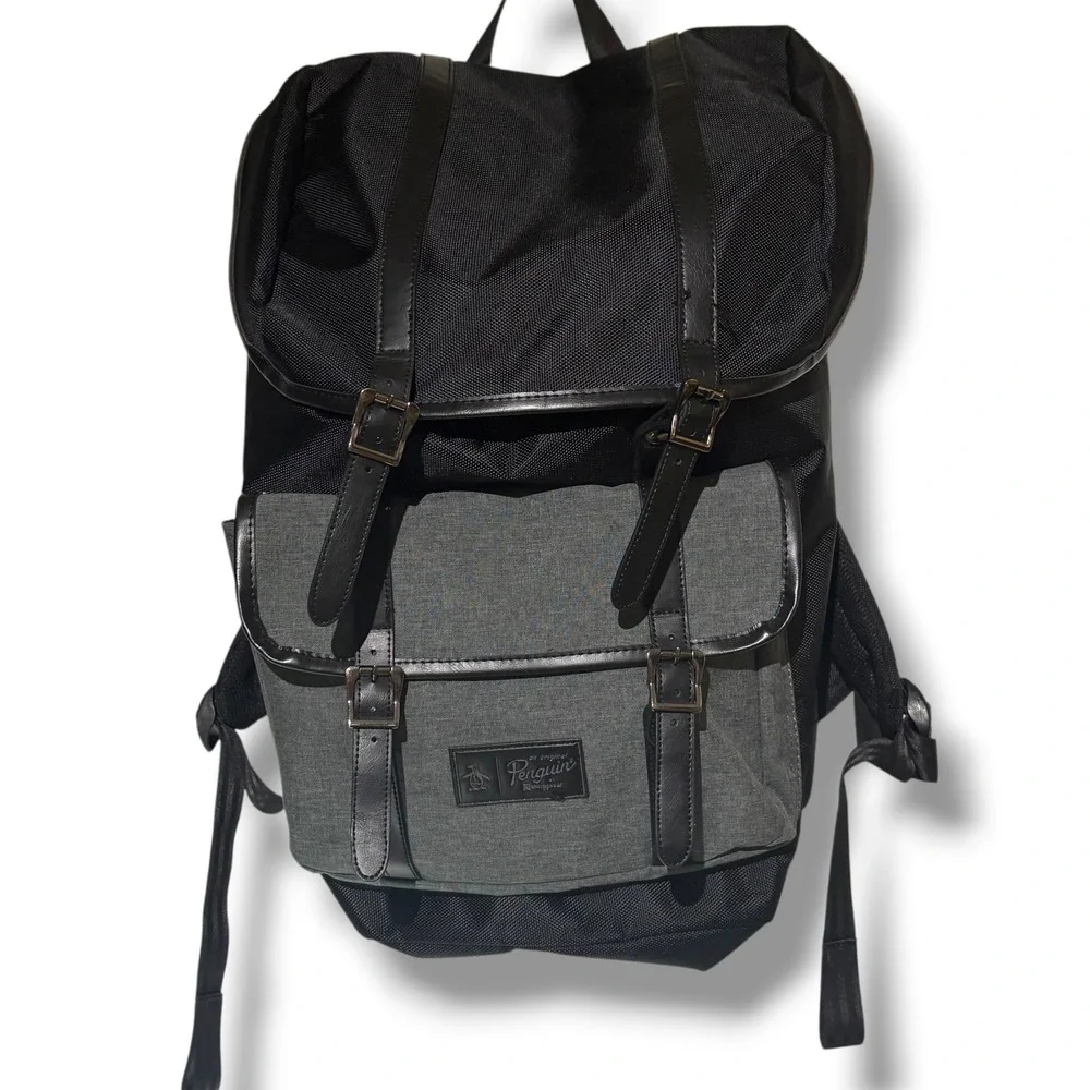 Original Penguin Black Grey Canvas Rucksack Backpack Laptop Sleeve Buckle Strap